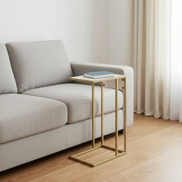 HomeRoots 26" White Faux Marble End Table with Gold Iron Frame & USB Port - Modern Accent for Any Room 543899