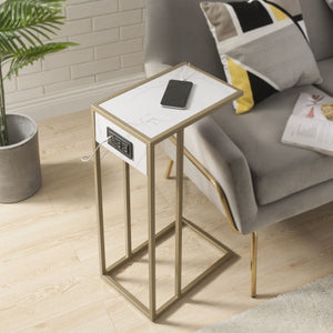 HomeRoots 26" White Faux Marble End Table with Gold Iron Frame & USB Port - Modern Accent for Any Room 543899