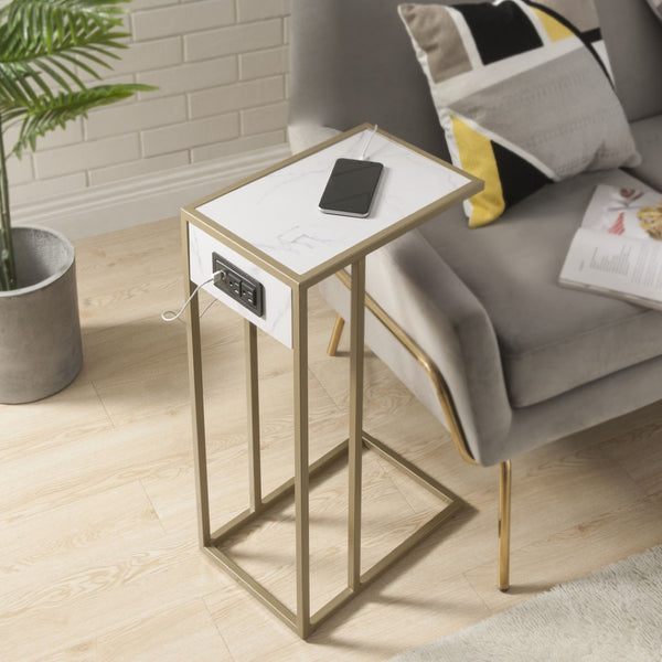 HomeRoots 26" White Faux Marble End Table with Gold Iron Frame & USB Port - Modern Accent for Any Room 543899