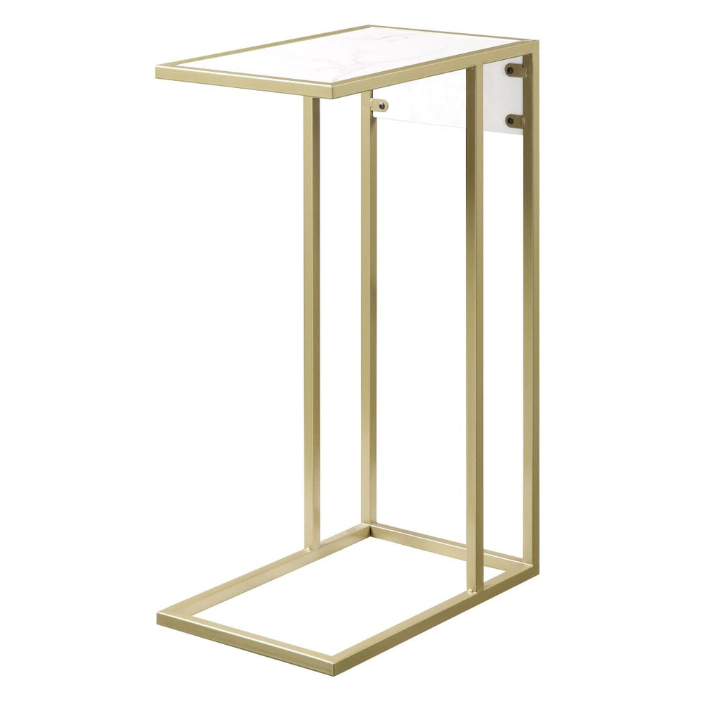 HomeRoots 26" White Faux Marble End Table with Gold Iron Frame & USB Port - Modern Accent for Any Room 543899