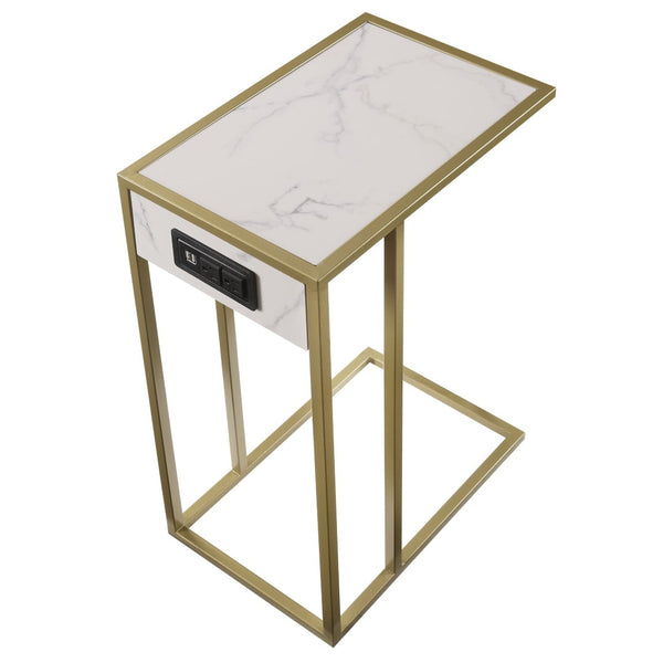 HomeRoots 26" White Faux Marble End Table with Gold Iron Frame & USB Port - Modern Accent for Any Room 543899