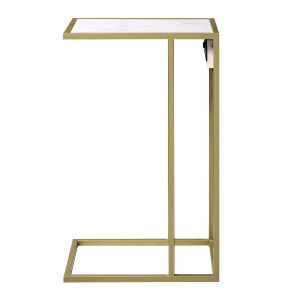 HomeRoots 26" White Faux Marble End Table with Gold Iron Frame & USB Port - Modern Accent for Any Room 543899