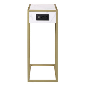 HomeRoots 26" White Faux Marble End Table with Gold Iron Frame & USB Port - Modern Accent for Any Room 543899
