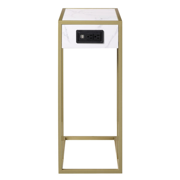 HomeRoots 26" White Faux Marble End Table with Gold Iron Frame & USB Port - Modern Accent for Any Room 543899