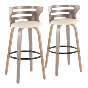 English Elm Cosini 30" Mid-Century Modern Barstool Set Of 2 With Swivel Cream Faux Leather & Light Grey Wood Finish B202S00512