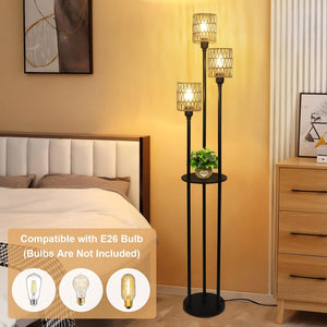 English Elm Boho 3-Light Floor Lamp with Shelf, Rattan Shades Rustic Tall Standing Lamp with Foot Switch W2738P185405
