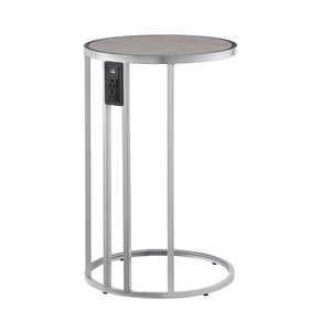 HomeRoots 25" Gray and Silver Wood and Iron Round End Table with USB Port – Modern Style for Small Spaces 543901