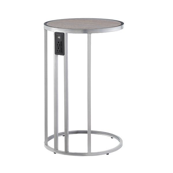 HomeRoots 25" Gray and Silver Wood and Iron Round End Table with USB Port – Modern Style for Small Spaces 543901