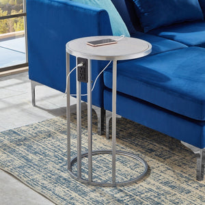 HomeRoots 25" Gray and Silver Wood and Iron Round End Table with USB Port – Modern Style for Small Spaces 543901