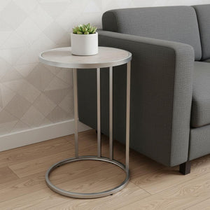 HomeRoots 25" Gray and Silver Wood and Iron Round End Table with USB Port – Modern Style for Small Spaces 543901