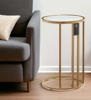 HomeRoots 25" Modern Round End Table with Durable Iron Frame - Versatile Accent for Any Room Decor White/Gold 543902