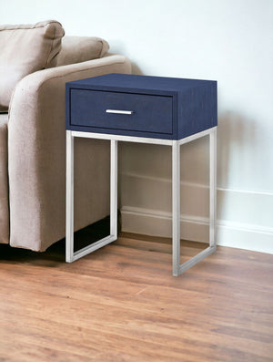 Homeroots 24" Silver Metallic And Navy Blue End Table With Drawer Navy,Chrome  543907