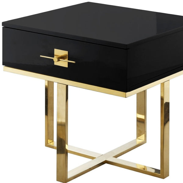 HomeRoots 22" Black and Gold End Table with Drawer - Stylish Square Design, Modern Cross-Leg Base for Any Room 543909