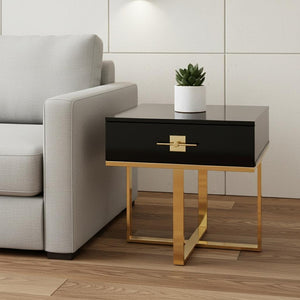 HomeRoots 22" Black and Gold End Table with Drawer - Stylish Square Design, Modern Cross-Leg Base for Any Room 543909