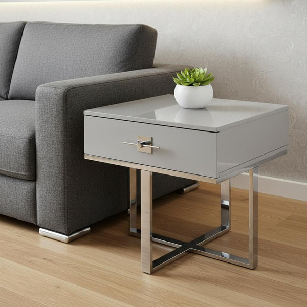 HomeRoots 22" Light Gray and Silver End Table with Drawer - Modern Square Design for Living Rooms & Bedrooms 543910