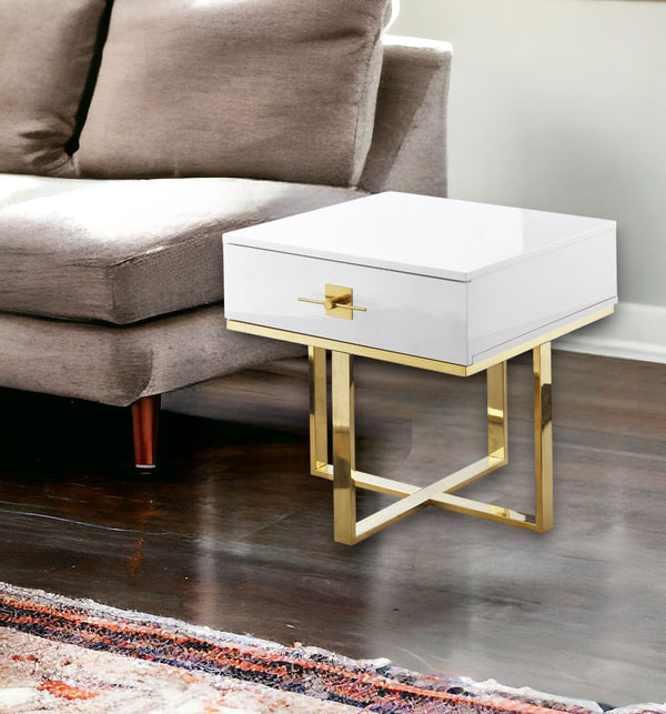 Homeroots 22" Gold And White Square End Table With Drawer White,Gold  543912
