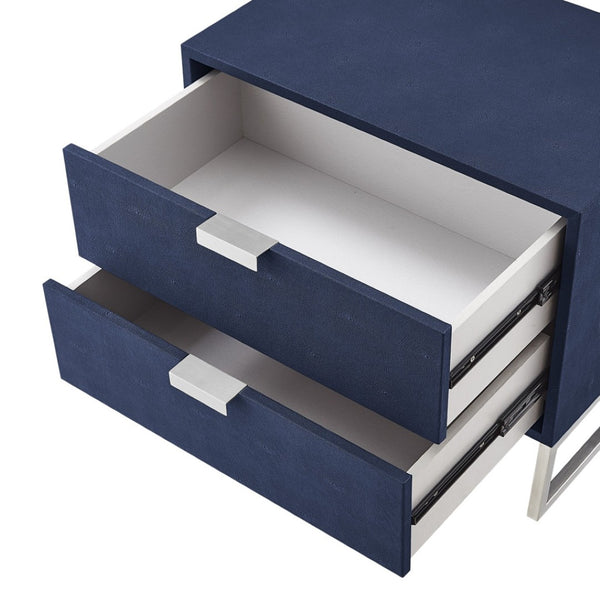 HomeRoots 21" Navy Blue and Silver End Table with Two Drawers - Modern Storage Solution for Your Living Space 543914