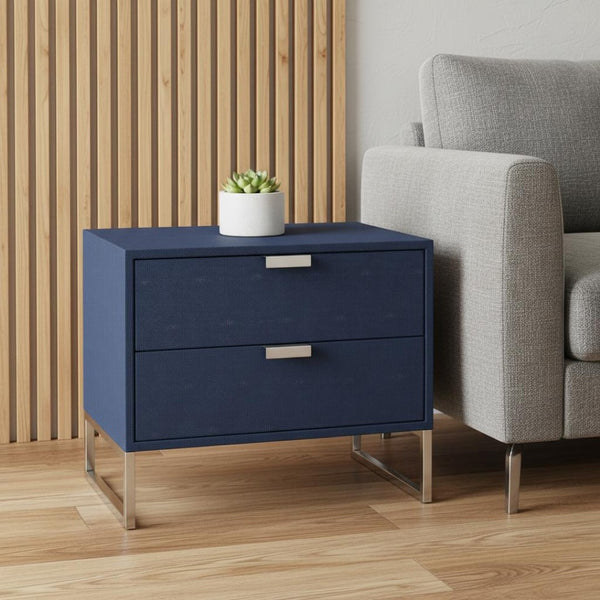 HomeRoots 21" Navy Blue and Silver End Table with Two Drawers - Modern Storage Solution for Your Living Space 543914
