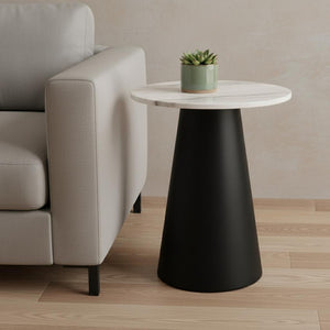 HomeRoots 22" Elegant White Marble and Black Steel Round Pedestal End Table – Chic Accent for Any Room 543916