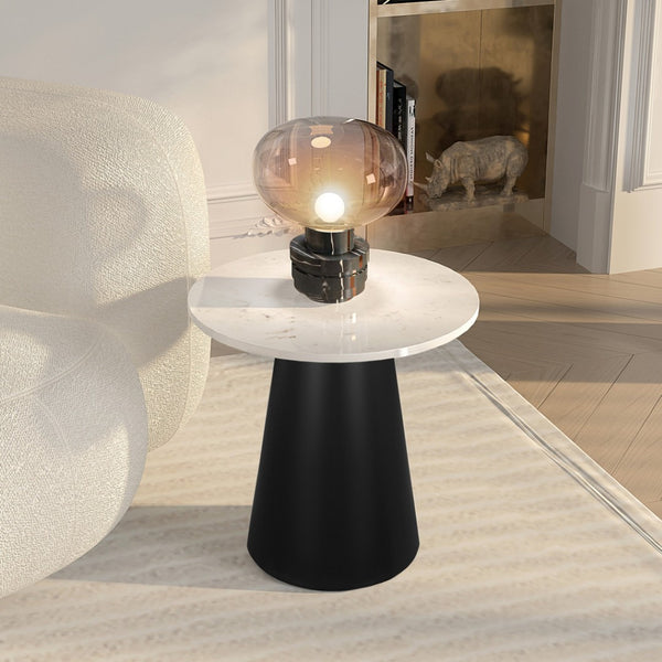 HomeRoots 22" Elegant White Marble and Black Steel Round Pedestal End Table – Chic Accent for Any Room 543916