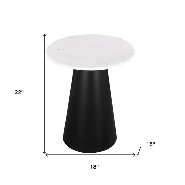 HomeRoots 22" Elegant White Marble and Black Steel Round Pedestal End Table – Chic Accent for Any Room 543916