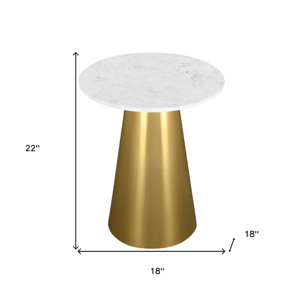 HomeRoots 22" Elegant White Marble Round Pedestal End Table with Gold Steel Base - Chic Accent for Any Space 543917