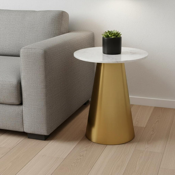 HomeRoots 22" Elegant White Marble Round Pedestal End Table with Gold Steel Base - Chic Accent for Any Space 543917