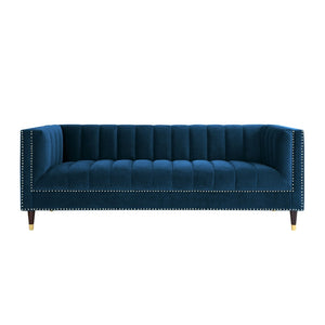 HomeRoots 85" Navy Blue Velvet Sofa with Gold Legs - Luxurious Comfort, Tufted Design & Durable Construction 543933
