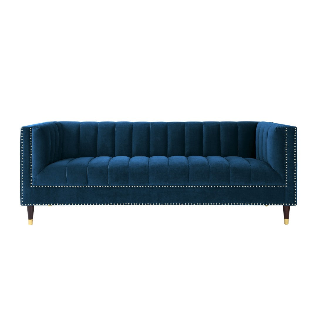HomeRoots 85" Navy Blue Velvet Sofa with Gold Legs - Luxurious Comfort, Tufted Design & Durable Construction 543933