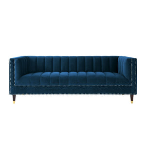 HomeRoots 85" Navy Blue Velvet Sofa with Gold Legs - Luxurious Comfort, Tufted Design & Durable Construction 543933