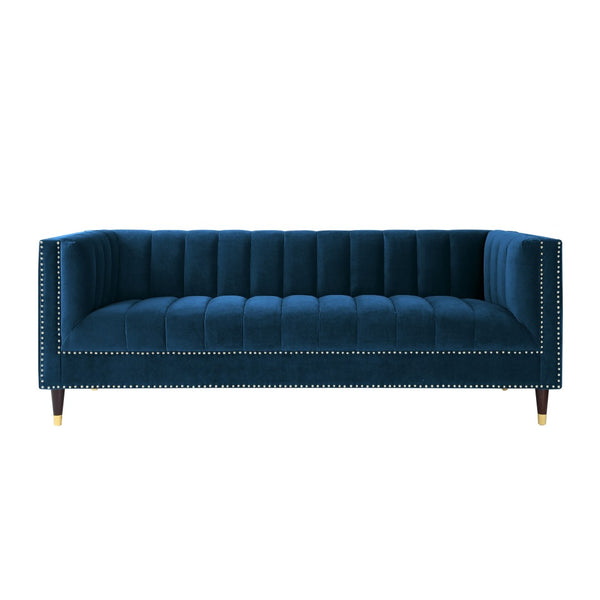 HomeRoots 85" Navy Blue Velvet Sofa with Gold Legs - Luxurious Comfort, Tufted Design & Durable Construction 543933
