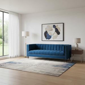 HomeRoots 85" Navy Blue Velvet Sofa with Gold Legs - Luxurious Comfort, Tufted Design & Durable Construction 543933