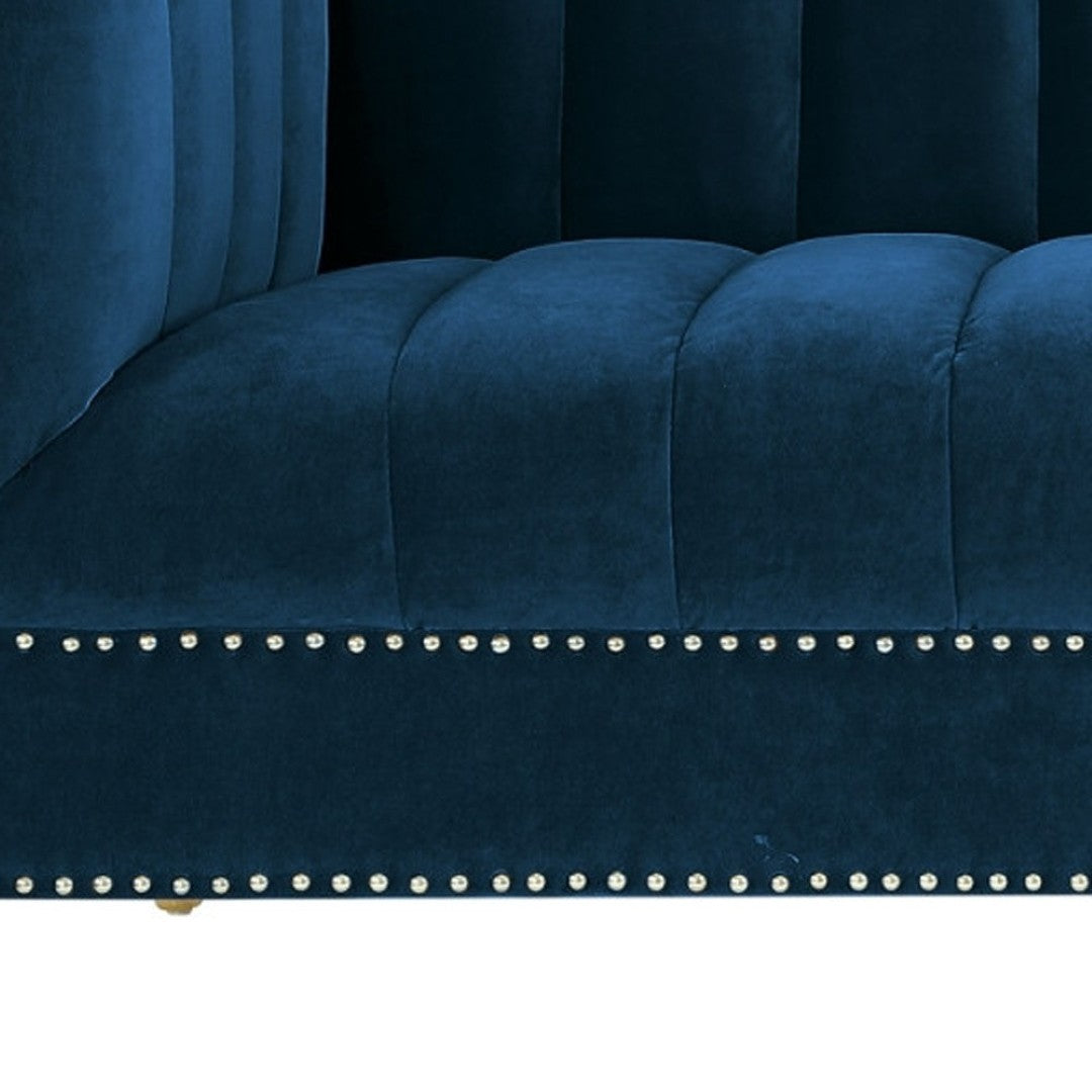 HomeRoots 85" Navy Blue Velvet Sofa with Gold Legs - Luxurious Comfort, Tufted Design & Durable Construction 543933