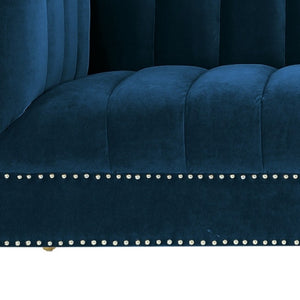 HomeRoots 85" Navy Blue Velvet Sofa with Gold Legs - Luxurious Comfort, Tufted Design & Durable Construction 543933