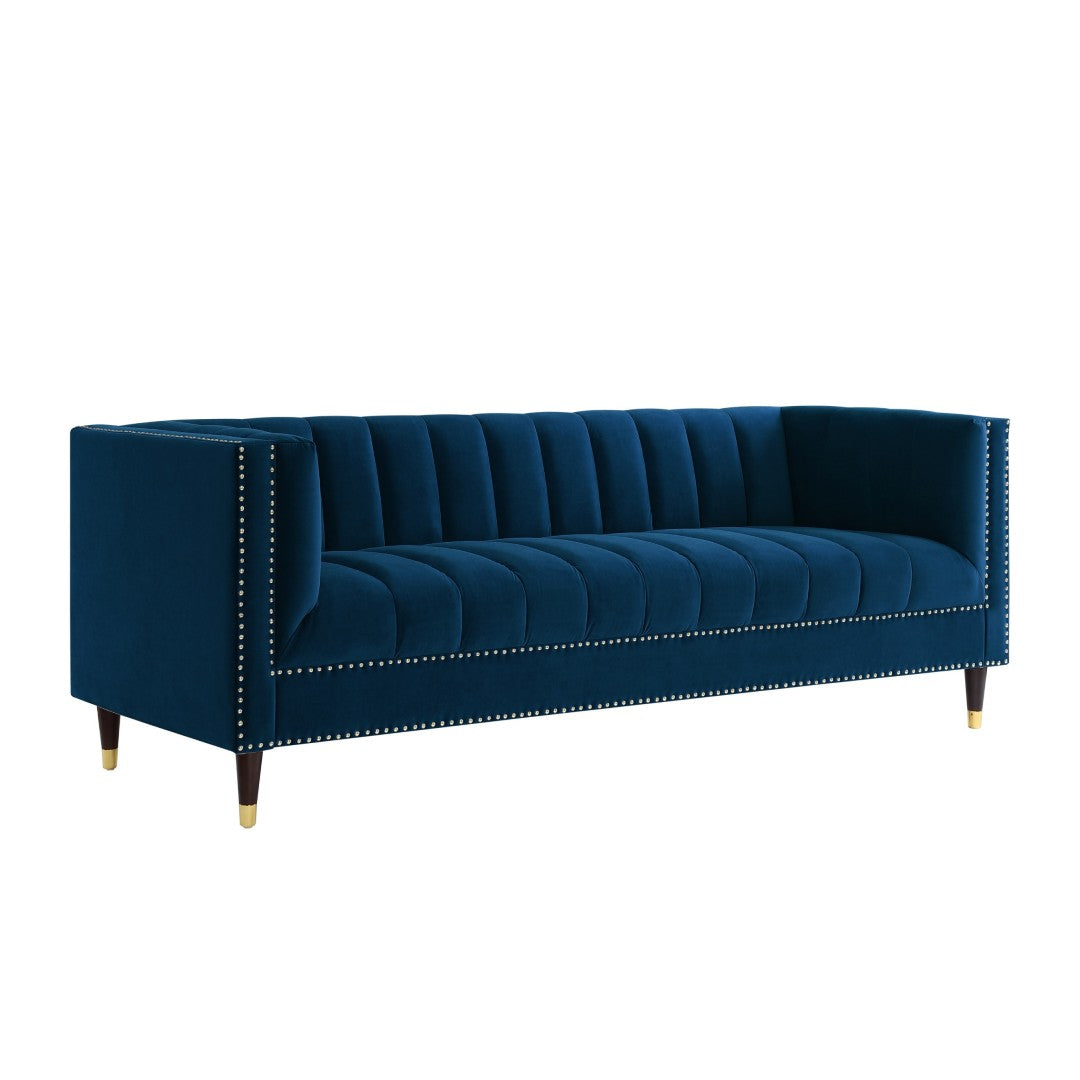 HomeRoots 85" Navy Blue Velvet Sofa with Gold Legs - Luxurious Comfort, Tufted Design & Durable Construction 543933