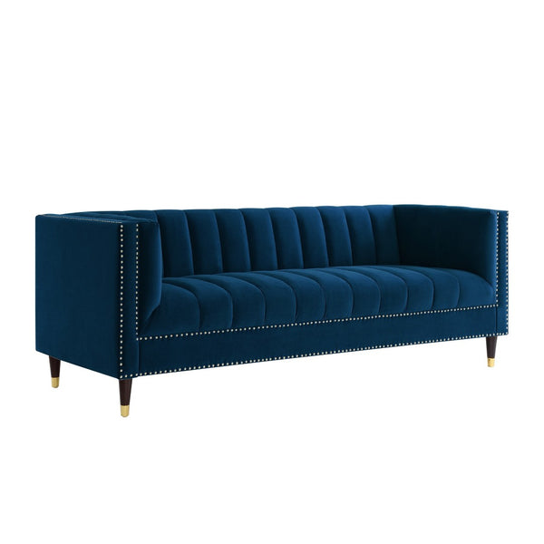 HomeRoots 85" Navy Blue Velvet Sofa with Gold Legs - Luxurious Comfort, Tufted Design & Durable Construction 543933