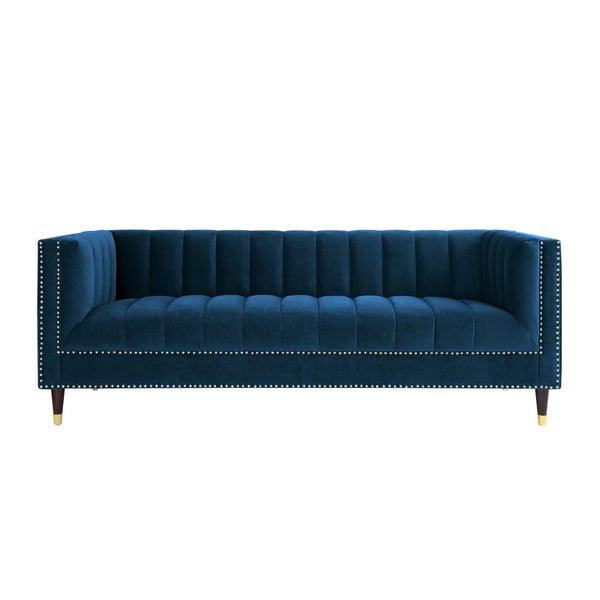HomeRoots 85" Navy Blue Velvet Sofa with Gold Legs - Luxurious Comfort, Tufted Design & Durable Construction 543933
