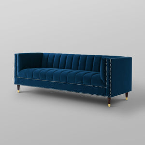 HomeRoots 85" Navy Blue Velvet Sofa with Gold Legs - Luxurious Comfort, Tufted Design & Durable Construction 543933