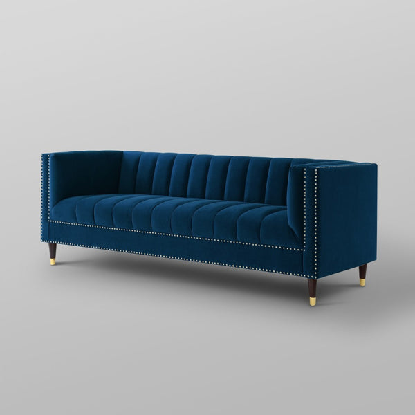 HomeRoots 85" Navy Blue Velvet Sofa with Gold Legs - Luxurious Comfort, Tufted Design & Durable Construction 543933