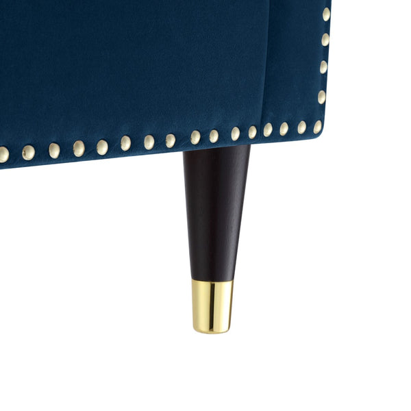 HomeRoots 85" Navy Blue Velvet Sofa with Gold Legs - Luxurious Comfort, Tufted Design & Durable Construction 543933