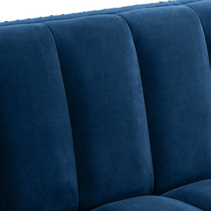 HomeRoots 85" Navy Blue Velvet Sofa with Gold Legs - Luxurious Comfort, Tufted Design & Durable Construction 543933