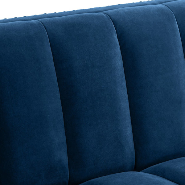 HomeRoots 85" Navy Blue Velvet Sofa with Gold Legs - Luxurious Comfort, Tufted Design & Durable Construction 543933
