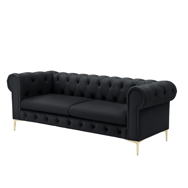 Homeroots 87" Black Faux Leather Chesterfield Sofa With Gold Legs Black  543938