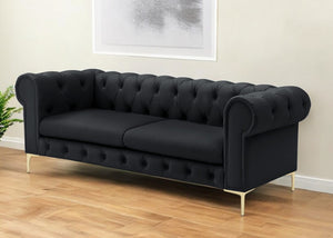 Homeroots 87" Black Faux Leather Chesterfield Sofa With Gold Legs Black  543938