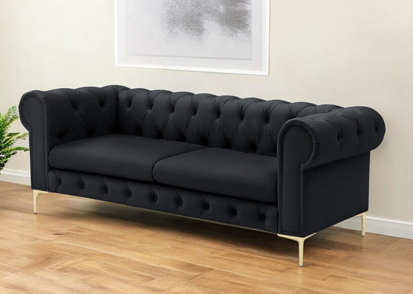 Homeroots 87" Black Faux Leather Chesterfield Sofa With Gold Legs Black  543938