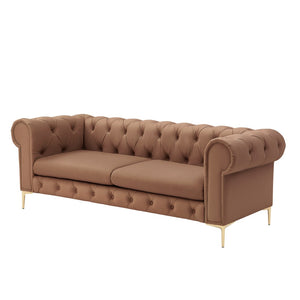 HomeRoots 87" Camel Faux Leather Chesterfield Sofa with Solid Wood Frame, Modern Gold Legs & Timeless Comfort 543940