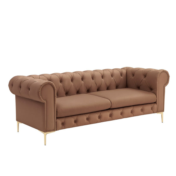 HomeRoots 87" Camel Faux Leather Chesterfield Sofa with Solid Wood Frame, Modern Gold Legs & Timeless Comfort 543940