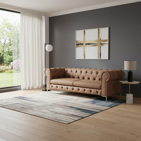 HomeRoots 87" Camel Faux Leather Chesterfield Sofa with Solid Wood Frame, Modern Gold Legs & Timeless Comfort 543940