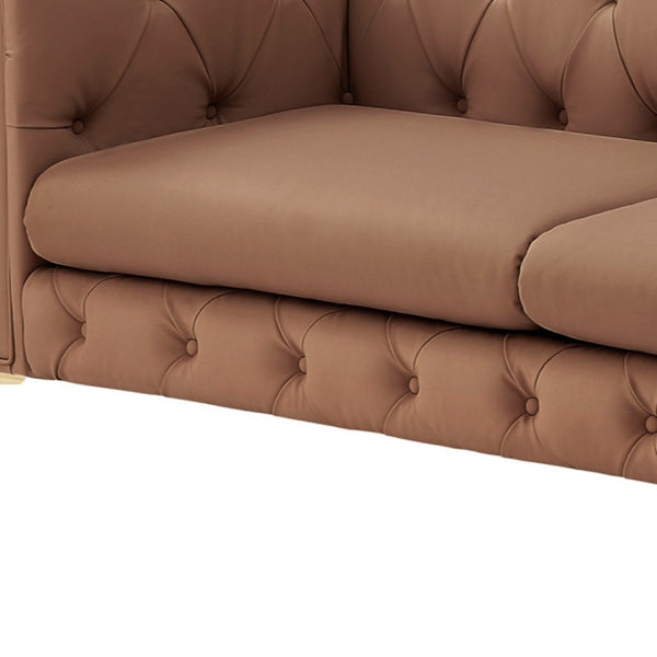 HomeRoots 87" Camel Faux Leather Chesterfield Sofa with Solid Wood Frame, Modern Gold Legs & Timeless Comfort 543940