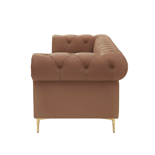 HomeRoots 87" Camel Faux Leather Chesterfield Sofa with Solid Wood Frame, Modern Gold Legs & Timeless Comfort 543940